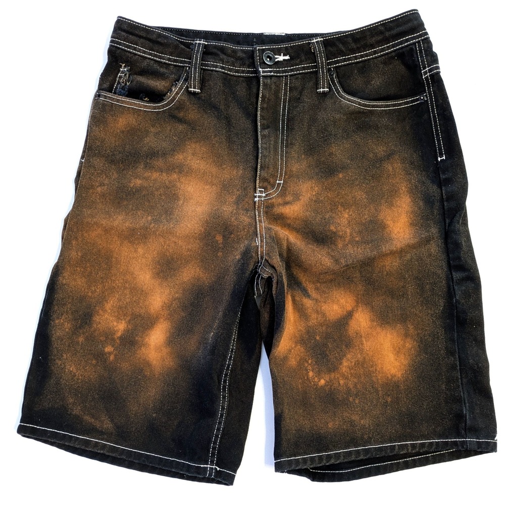 Empyre Mens Black Orange Acid Wash Denim Shorts Fire Hydrant Embroidered 31